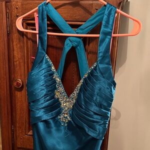 Stunning Teal Satin Prom Dress with Embellishments